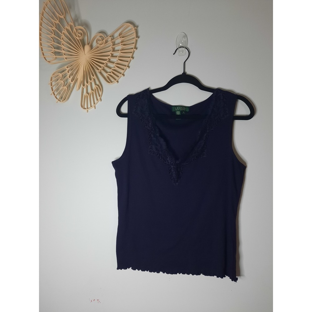 Lauren Ralph Lauren Navy Blue Lace Trim Ribbed Cotton Tank Top XL Lettuce Hem